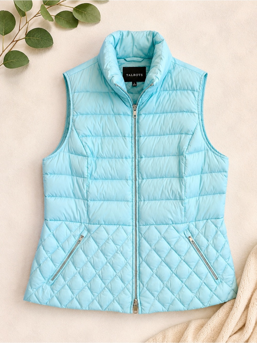 Talbots Down Puffer Vest L Aqua Blue Quilted Lightweight Preppy Coastal J21